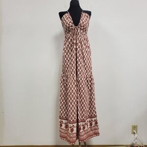 Sim Sam Womens Linen Blend Coquette Milkmaid Tiered Maxi Dress Size L Boho Print
